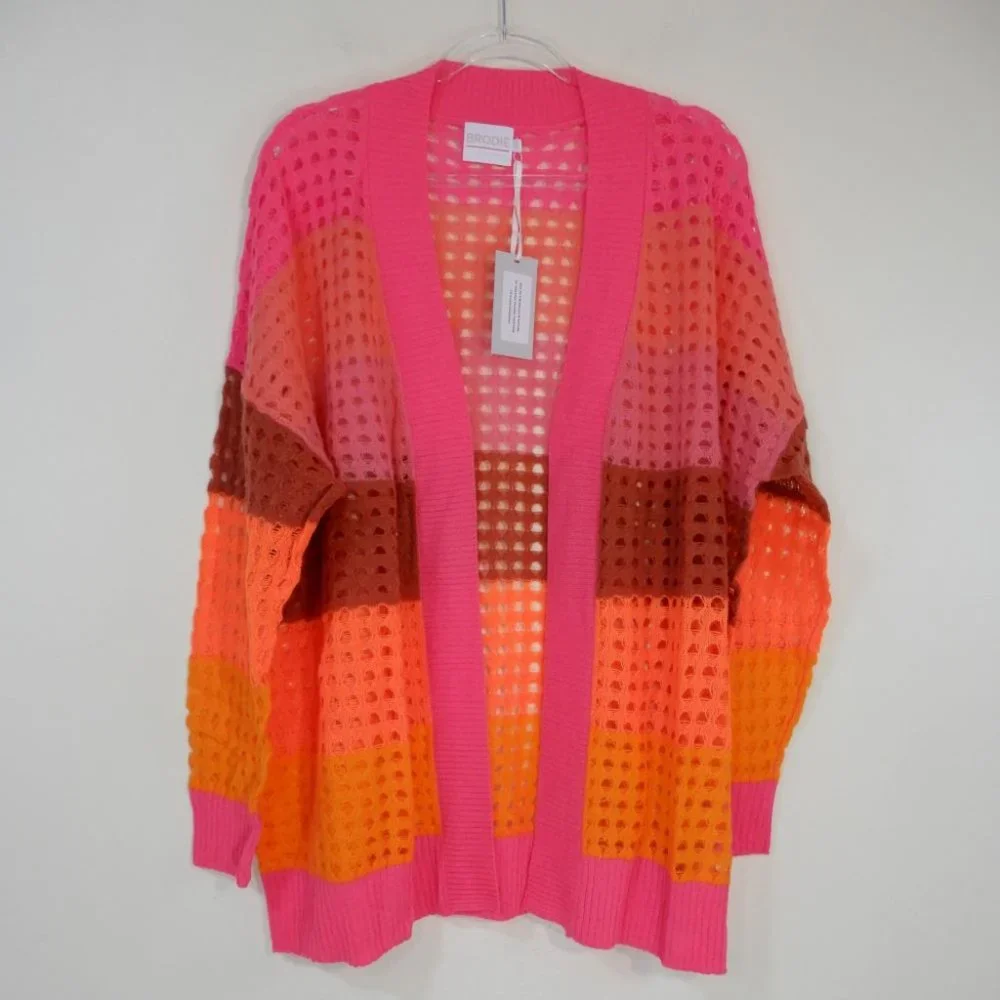 BRODIE CASHMERE Sunset Pointelle Knit Stripe CARDIGAN M L Neon Pink NEW $398 - Picture 4 of 11